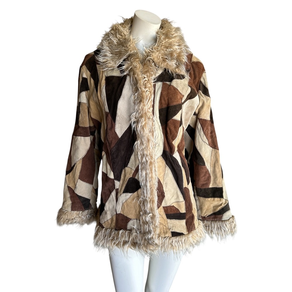 Vintage Y2K 90s patchwork leather penny lane faux fur jacket 2X